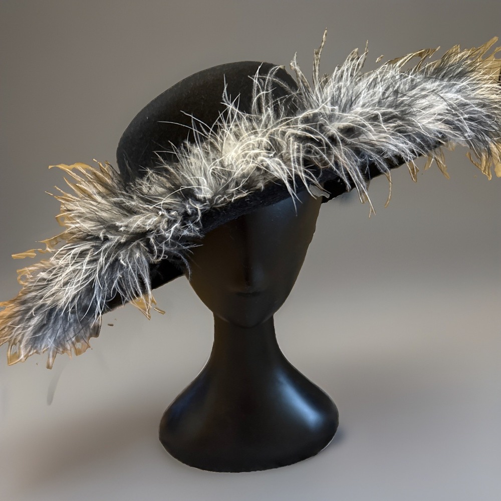 Vintage Cappelli Black Wool Hat Wide Brim Ostrich Feathers Plume Gray